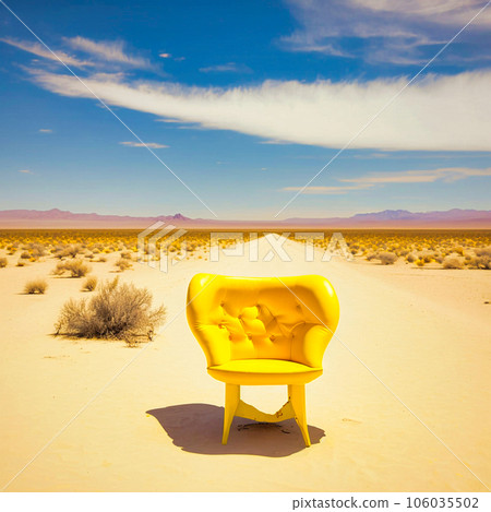 A yellow chair in the middle of the desert, generative AI 106035502