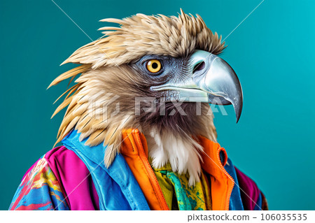 Heavy cheerful Philippine eagle anthropomorphic, on a colored background. Generative AI 106035535