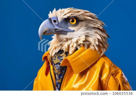 Heavy cheerful Philippine eagle anthropomorphic, on a colored background. Generative AI 106035536