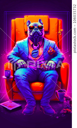 bulldog in business clothes and sunglasses sitting on a chair, on a purple background. Generative AI 106035732