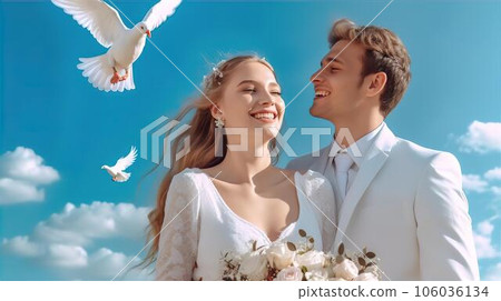 新娘和新郎在婚禮上放飛鴿子（生成人工智能） 106036134