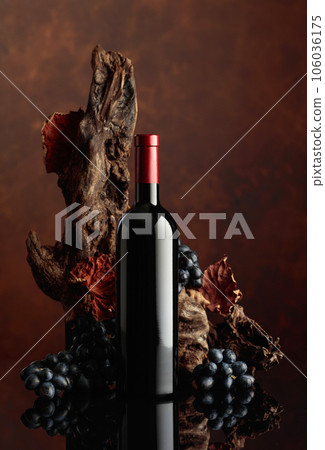 Bottle of red wine with an old snag and blue grapes. 106036175