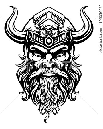 Viking Warrior Man Strong Mascot Face in Helmet Viking Warrior Man Strong Mascot Face in Helmet 106036985