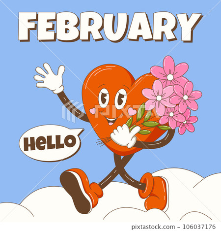 Hello February. Retro groovy heart character greets and carries flowers. Winter snow background, square format, dialog box. Happy Valentine's Day. Vector cartoon illustration. Hello February. Retro groovy heart character greets and carries flowers. Winter snow background, square format, dialog box. Happy Valentine's Day. Vector cartoon illustration. 106037176