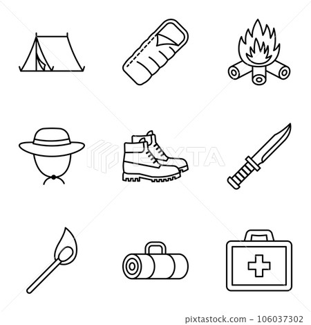 Set of camping object icons. Adventure. Extreme sports, outdoor recreation, adventure in the mountains, vacation. 106037302