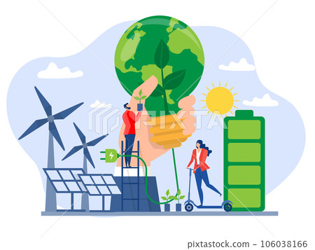 Clean energy concept.Renewable energy for better future Electricity from solar panels and windmills Vector illustration in a flat style Clean energy concept.Renewable energy for better future Electricity from solar panels and windmills Vector illustration in a flat style 106038166