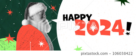 Santa Claus wishes you a Merry Christmas and a happy new 2024 year. Collage style with hand drawn elements. Speech bubble with text and jagged stars. Vector illustration 106038422