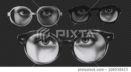 Set with trendy elements. Women's and men's eyes in halftone style glasses. Vector illustration in retro style for collage. Set with trendy elements. Women's and men's eyes in halftone style glasses. Vector illustration in retro style for collage. 106038423