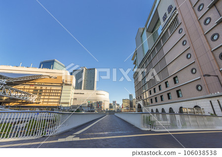 Early morning view from the Umeda New Pedestrian Bridge in Osaka 106038538