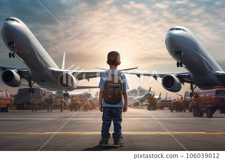 A boy in a T-shirt, stands on the street at the airport, watching the military boarding the plane 106039012