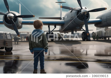 A little boy stands on the street at the airport, watching the standing planes with propellers A little boy stands on the street at the airport, watching the standing planes with propellers 106039013