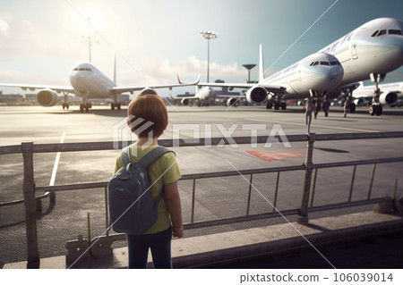 A little boy standing on the street at the airport, watching planes taking off and landing 106039014