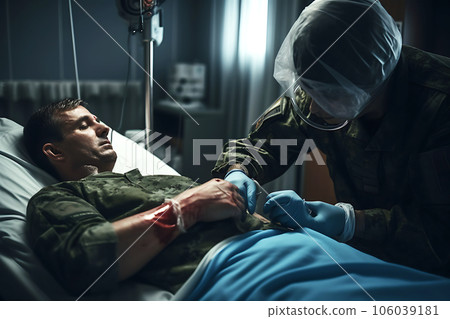 A military doctor provides first aid to a wounded patient 106039181