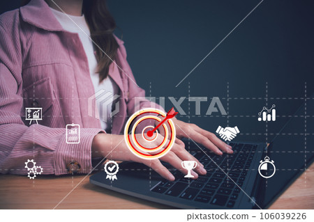 Analyst working with computer in business analytics and data management system. Concept of achieving business goal, keys to success, strategic, planning, work performance is influenced by skills. Analyst working with computer in business analytics and data management system. Concept of achieving business goal, keys to success, strategic, planning, work performance is influenced by skills. 106039226