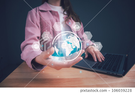Business woman using virtual cloud computing network and icon connection data information. Cloud for sharing download upload knowledge technology information, communication, internet service, big data 106039228