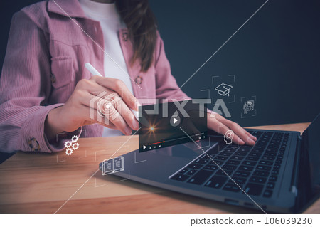 Woman using online education training. Concept of online education, digital courses to develop new skills, e-learning webinar on internet for personal development. 106039230