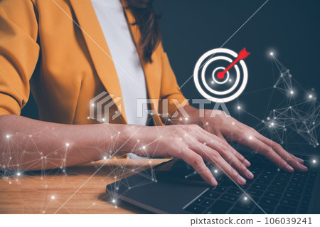 Analyst working with computer in business analytics and data management system. Concept of achieving business goal, keys to success, strategic, planning, work performance is influenced by skills. 106039241