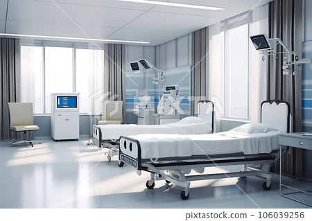 The interior of a large and bright hospital ward for two people in a modern military hospital. The chamber is illuminated by sunlight and large windows 106039256