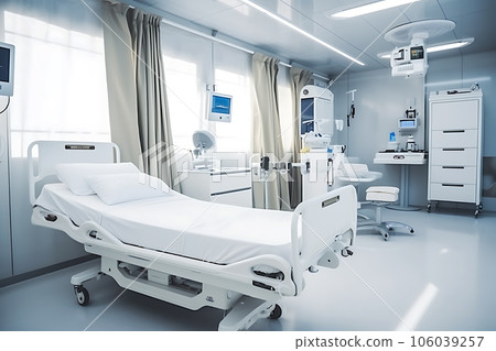The interior of a large, light and white single hospital ward in a modern military hospital. The chamber is illuminated by sunlight from large windows. 106039257