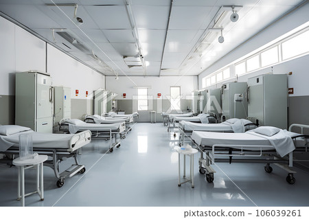 Large and bright multi-person hospital ward in a modern military hospital. Beds in the room are in 2 rows 106039261