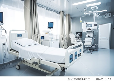 The interior of a large, light and white single hospital ward in a modern military hospital. The chamber is illuminated by sunlight from large windows. The interior of a large, light and white single hospital ward in a modern military hospital. The chamber is illuminated by sunlight from large windows. 106039263
