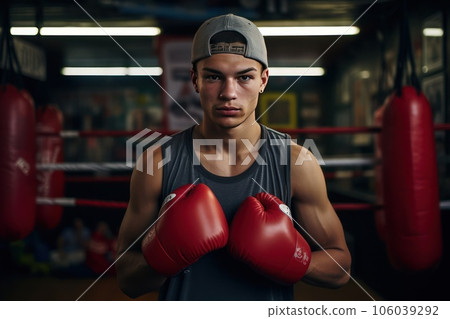 Portrait of a young boxer in the gym. He looks at the camera after a workout. 106039292