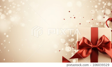 Holiday beige background with gift, red satin bow, ribbon with Copy space 106039329