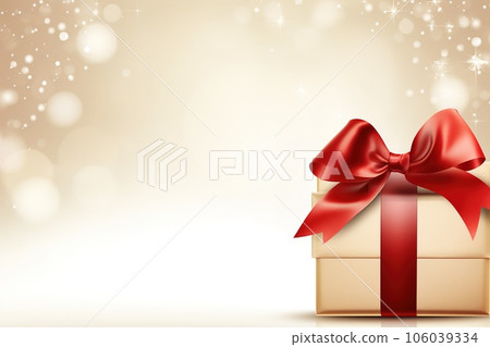 Holiday beige background with gift, red satin bow, ribbon with Copy space 106039334