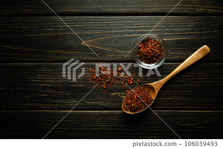 Spices in a wooden spoon and small bowl before adding to food for flavor. Cooking food on a vintage table Spices in a wooden spoon and small bowl before adding to food for flavor. Cooking food on a vintage table 106039493