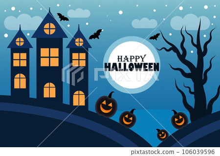 Happy Halloween background with haunted house, pumpkins and bats Happy Halloween background with haunted house, pumpkins and bats 106039596