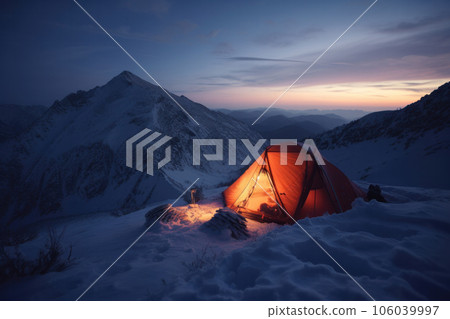 Camping in the snow a cozy tent, a starry sky, and the beauty of winter all around. AI Generative 106039997