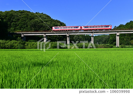 鹿島臨海鐵道6000系列柴油列車在藍天碧綠的稻田下行駛 106039998