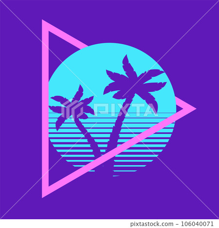 Sunset beach california retro icon. 90s Palm retro california circle gradient silhouette vintage 80s Sunset beach california retro icon. 90s Palm retro california circle gradient silhouette vintage 80s 106040071