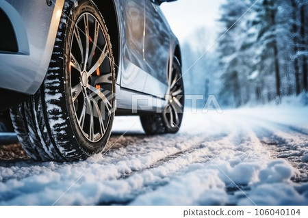 Winter tire. Car on snow road. Tires on snowy highway detail. 106040104