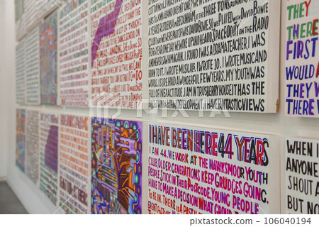 Creative frames displayed on wall of Tate Museum. Closeup shot of paintings in Art Gallery. Set of aesthetic abstract colorful line art doodles. Creative frames displayed on wall of Tate Museum. Closeup shot of paintings in Art Gallery. Set of aesthetic abstract colorful line art doodles. 106040194