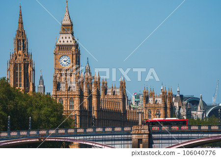 Big Ben, Westminster Bridge on River Thames in London, the UK. English symbol. Lovely puffy clouds, sunny day Big Ben, Westminster Bridge on River Thames in London, the UK. English symbol. Lovely puffy clouds, sunny day 106040776