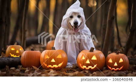 Dog wearing a ghost costume sitting between pumpkins for Halloween in Autumn background 106040846