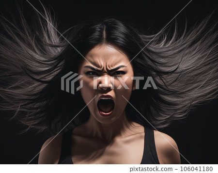 一個強大的女人，通過撫摸她的頭髮來生氣，她的頭髮可以用作小冊子、活動傳單、目錄等的剪裁。 106041180