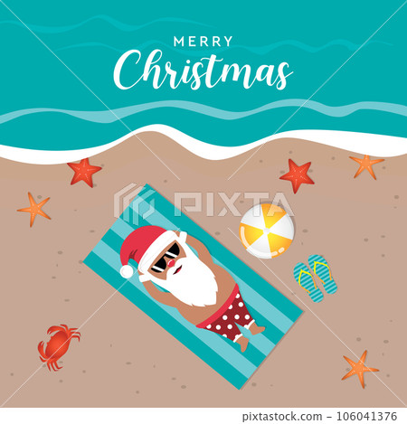 cute santa claus lying on the beach under a palm tree 106041376