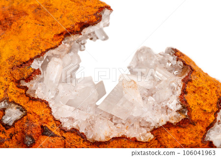 Macro mineral stone crystals Hemimorphite rock on a white background 106041963