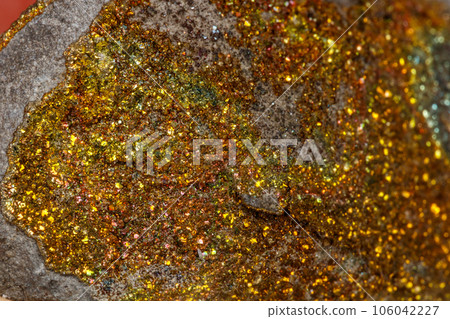 Macro mineral stone Pyrite rainbow on a white background 106042227