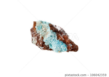 Macro mineral aurichalcite stone on microcline on white background 106042359