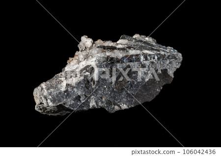 Macro mineral stone Stibnite quartz on a black background Macro mineral stone Stibnite quartz on a black background 106042436