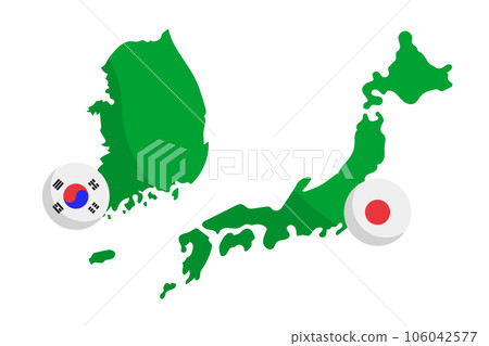 韓國國旗和韓國地圖以及日本國旗和日本地圖圖標集。向量。 韓國國旗和韓國地圖以及日本國旗和日本地圖圖標集。向量。 106042577
