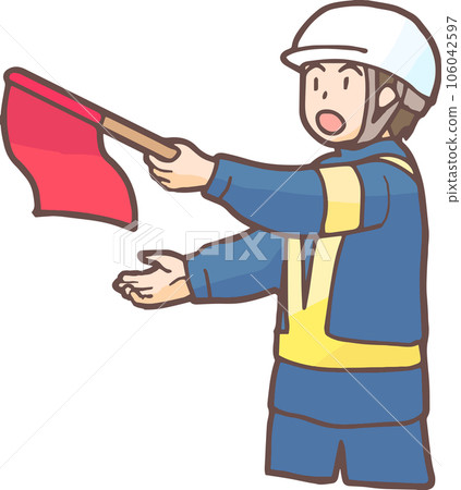Traffic control staff guiding with hand flags Traffic control staff guiding with hand flags 106042597