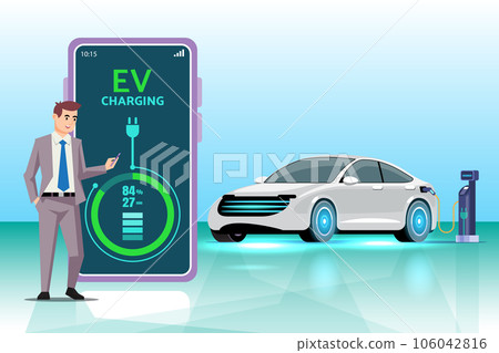 Mobile application that tells the charging status of the electric vehicle. mobile application for EV car management. Concept of electric vehicle charge. Mobile application that tells the charging status of the electric vehicle. mobile application for EV car management. Concept of electric vehicle charge. 106042816