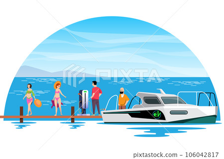 An electric boat is charging at the pier. taking tourists on a boat cruise on the sea. Electrical outlets to charge ships in harbor.  vector illustration 106042817