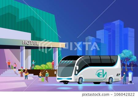 Electric tour bus charging point. Service for tourists staying at the hotel. green energy concept, vector illustration 106042822