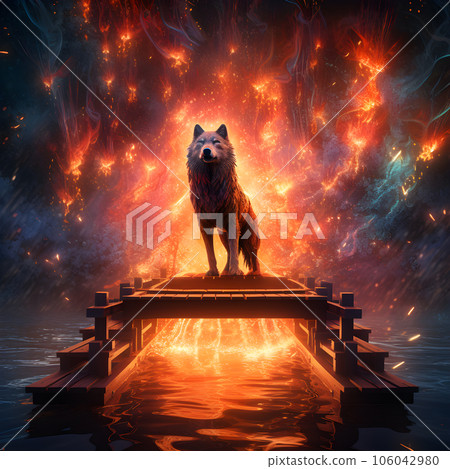 A wolf standing on a wooden pier over a fire background. Concept Image of a Red Wolf and Flame. A wolf howling in the flames of fire. Generated AI illustration. 106042980