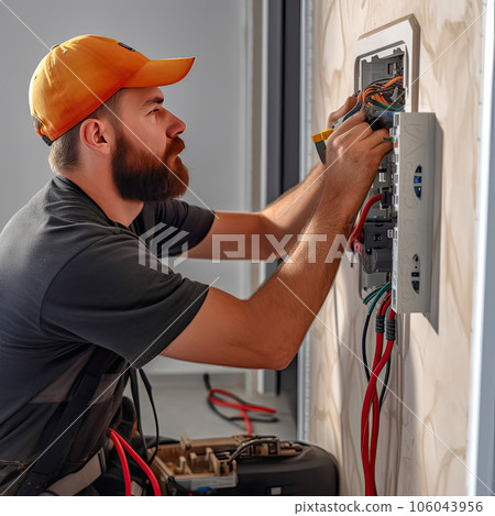 Expert Electrician Installing Wiring in Modern Apartment 106043956